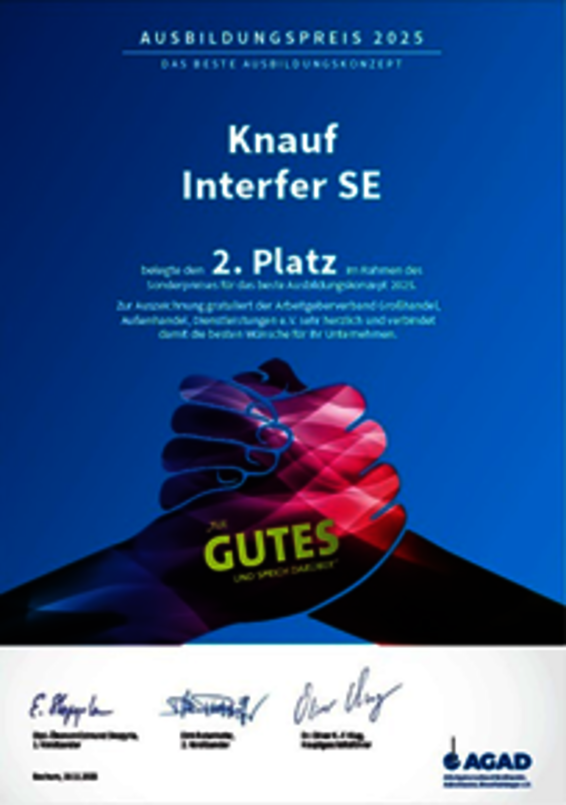 Urkunde der Knauf Interfer SE für den 2. Platz beim Ausbildungspreis 2025 des Arbeitgeberverbands Großhandel, Außenhandel, Dienstleistungen e. V. (AGAD) in der Kategorie „Bestes Ausbildungskonzept“.